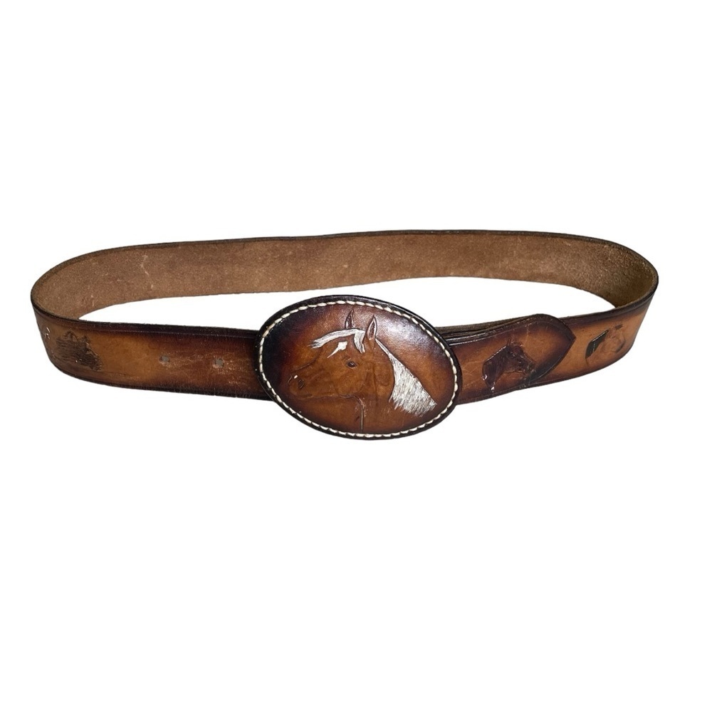 Handmade Hand Tooled Brown Leather Belt Horses Extra Small - Picture 3 of 12